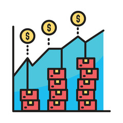 Stacked boxes and a line graph with dollar signs