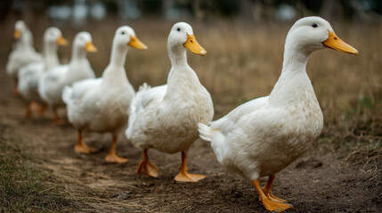 White ducks walking in a line on a dirt path with grass in the background under soft natural light during a calm outdoor setting.