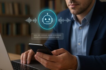businessman using smartphone voice chatbot assistant, ai conversation app with sound waves, virtual support icon, mobile customer service concept