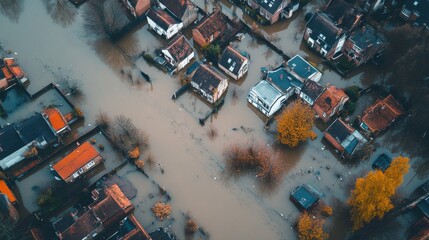 Aerial view of flooded homes reveals the impact of natural disasters. Water engulfing streets and properties highlights the urgent need for climate action. Generative AI