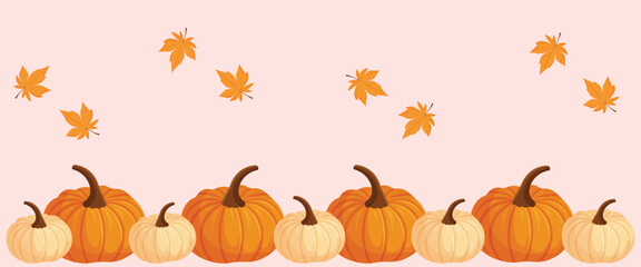 Fall Pumpkins Border with Autumn Leaves Background.