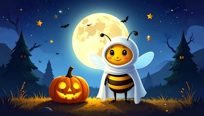 Fototapeta premium A character in a bee costume stands beside a glowing jack-o'-lantern under a full moon, surrounded by bats and pine trees, symbolizing playful Halloween spirit in a magical forest night.