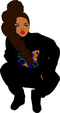 woman squatting black outfit brown hair clip art preview