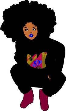 black woman squatting, afro, colorful design clip art preview