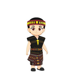 3D illustration of male character in ethnic traditional outfit with patterned fabric and yellow headband, isolated on white background, cultural clothing design.
