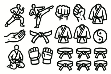 Fototapeta premium Martial arts icons: karate figures, gi, belts, and yin-yang symbol in bold line art