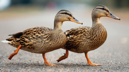 Fototapeta premium Ducks walking side by side on a gravel road with blurred background in natural light, exhibiting unique feather patterns and vibrant colors, showcasing their playful nature.