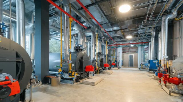 This space features an efficient industrial boiler room equipped with modern heating systems. Pipes and machinery are neatly arranged, ensuring optimal operation and maintenance