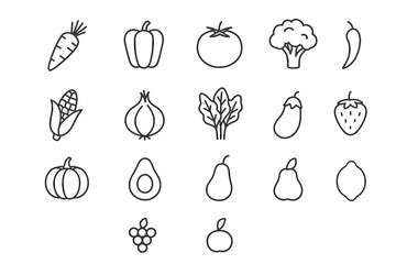 Outlined icons of various fruits and vegetables in simple designs