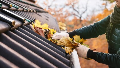 Cleaning the gutter from autumn leaves before winter season. Roof gutter cleaning process 