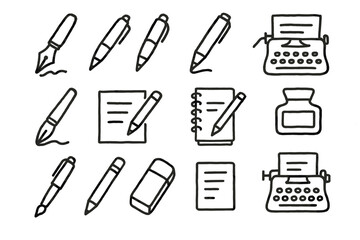 Obraz premium Hand-drawn writing tools and typewriters with notebooks and papers
