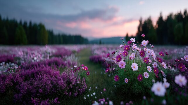 Scenic Purple Flower Field at Twilight with Forest Backdrop and Soft Cloudscape - Powered by Adobe