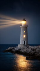 Exploring the Digital Transformation of a Timeless Lighthouse on a Rocky Night Shoreline
