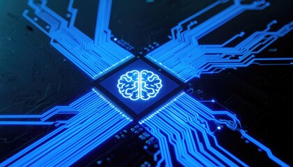 Circuit board with an AI brain icon in the center. A blue and black color theme 