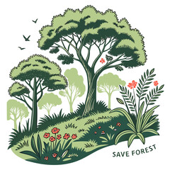 A vibrant illustration of a lush green forest with blooming flowers and flying birds promoting environmental conservation and the message save forest