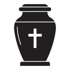 Black silhouette of a cremation urn with a white Christian cross, a vector icon for funeral, memorial, and religious services