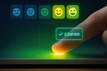 Touchscreen interface with user confirming satisfaction rating using futuristic holographic smiley face feedback system
