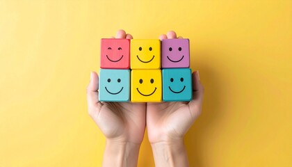 Four hands hold colorful square blocks with smiley faces&mdash;blue, yellow, green, and red&mdash;against a solid yellow background, symbolizing emotion, positivity, and playful human connection.