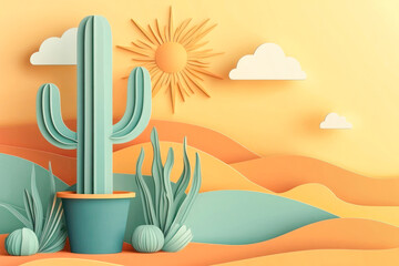 Colorful 3D illustration of a cactus in a vibrant desert landscape with sun and clouds