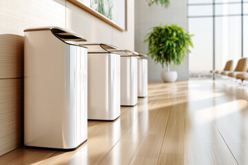 Modern waste bins arranged neatly in a stylish office interior with natural light and greenery