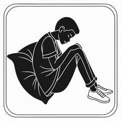 Stylized black and white illustration of a young black boy sitting curled up on a pillow with his eyes closed conveying a sense of contemplation or rest