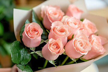 Pink roses bouquet arranged beautifully with green leaves in a soft, natural setting for decoration