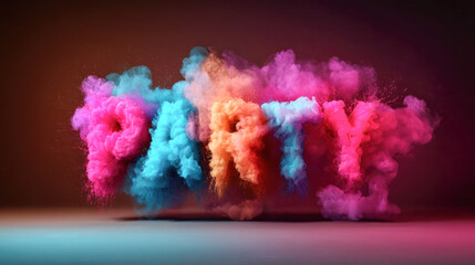 Colorful smoke clouds forming the word PARTY in vibrant hues, creating a festive atmosphere for celebrations and joyful events