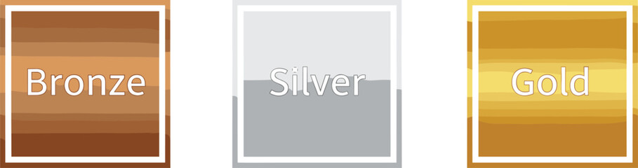 Gold Silver Bronze Square Panels with Gradient Backgrounds and Labels for Ranking, Achievement, Competition, Glossy Vector Award Design