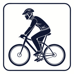 Silhouette of a cyclist wearing a helmet and cycling gear riding a bicycle depicted in a clean graphic style with a dark blue outline on a white background representing outdoor activity and sport