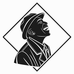 Stylized silhouette of a joyful man wearing a hat and jacket laughing with his head tilted back inside a diamond frame