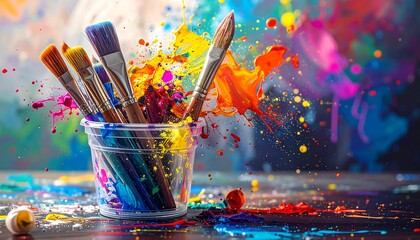 Colorful paintbrushes in a cup, vibrant splashes