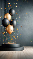 Colorful balloons in black and gold floating above a circular platform, surrounded by shimmering confetti, creating a festive celebration atmosphere