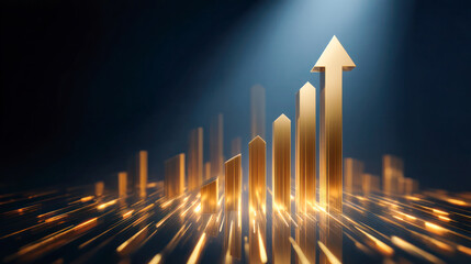 Golden upward arrows symbolize business growth, ambition, and success, illuminated by dynamic light effects against a dark background