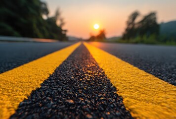 Road leads toward a hazy sunset, defined by bright yellow double lines with a backdrop of green mountains and a soft, diffused orange sun