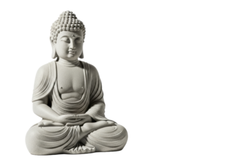 Solitary, serene grey stone Buddha statue in lotus position with Dhyana Mudra, intricately detailed, against a transparent studio background with copy space. Profound peace and meditation concept