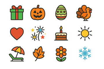 Holiday and seasonal icons: gift, pumpkin, egg, turkey, heart, fireworks, cake, sun, beach, leaf, flower, snowflake