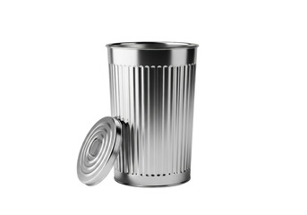 Silver ribbed metal trash can, matching lid leaning, transparent background, copy space, soft studio lighting, subtle shadows, realistic reflections, concept of modern design and efficiency