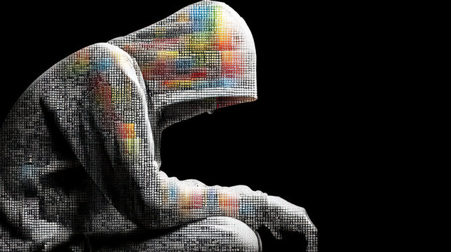 Pixelated hood digital mosaic anonymous figure grayscale hoodie colorful glitch cyberpunk style shadow solitude urban art side profile