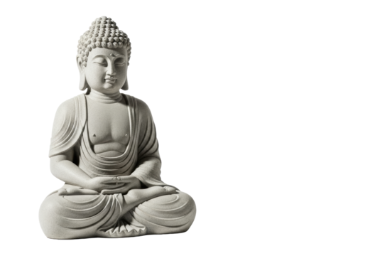 Solitary, serene grey stone Buddha statue in lotus position with Dhyana Mudra, intricately detailed, against a transparent studio background with copy space. Profound peace and meditation concept