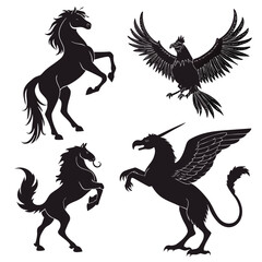 Collection of four black silhouette mythical creatures including a rearing horse a winged unicorn griffin a phoenix and a prancing horse on a white background