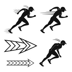 Dynamic black silhouette illustrations of runners and directional arrows symbolizing speed movement and competition on a white background