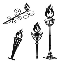 Collection of stylized black and white torch illustrations with flames representing ancient and modern lighting and symbolic concepts