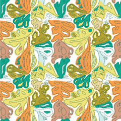 Colorful abstract repeat  pattern featuring flowing shapes in orange, green, yellow, and soft pink on a white background, surface design.
