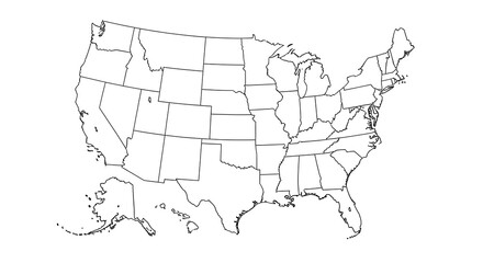 A simple, black-and-white outline map of the United States, showcasing the boundaries of each state.