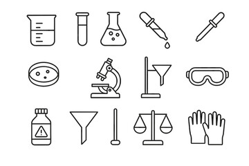 Science lab equipment icons: beaker, test tube, microscope, pipette, safety goggles, gloves