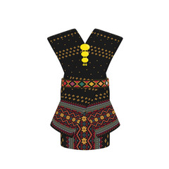 3D render of ethnic traditional dress with colorful woven patterns on black fabric, isolated on white background, cultural heritage clothing design.

