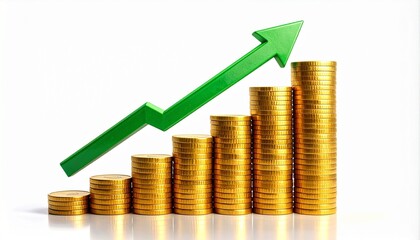 Stacks of gold coins arranged in ascending order with a green upward arrow above, set against a dramatic sky, symbolizing financial growth, investment success, and economic optimism.