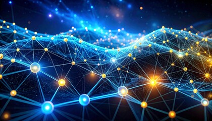 A glowing neural network of blue lines and yellow nodes on a dark background, symbolizing artificial intelligence, data connectivity, and complex brain-like systems in digital visualization.