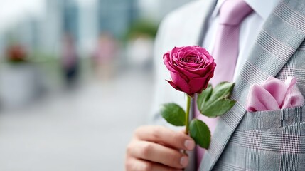 Businessman in Gray Suit Holding Red Rose with Green Stem Outdoor on Blurred Background Elegant Patterned Jacket and Pink Tie Classic Romance