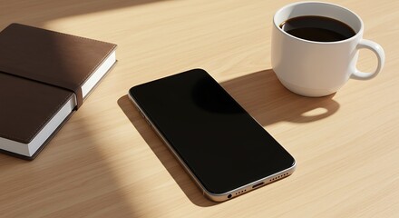 Modern workspace featuring smartphone, coffee, and notebook for productive morning meetings and creative sessions, inspiring focus and efficiency